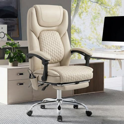 MALOL Massage Office Chair Set of 2 with 3-Level Heat and Footrest – 20-Min Easy Assembly, 300 lbs Big and Tall Desk Chair, PU Leather Ergonomic Executive Computer Chair with Side Pocket, Beige - color: Beige, size: Set of 2, style: Modern