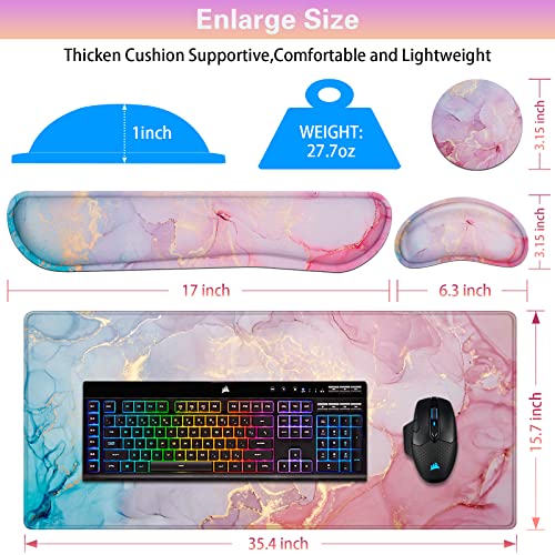 Canjoy Gaming Mouse Pad Set, 4-in-1 XXL Large Mouse Pad + Keyboard Wrist Rest Support+ Coaster, (35.4×15.7 in) Extended Desk Pad Memory Foam Non-Slip Desk Mat for Home Office - color: Pink Blue Marble