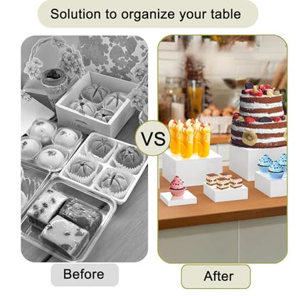 Yimy 6 PCS Buffet Risers, White Acrylic Food Risers for Buffet Table, Cube Boxes with Hollow Bottoms, Catering Display Stand Shelf for Dessert Party Jewelry & Collectibles(5"x6"x6.8"x7 x7.5 x8'')