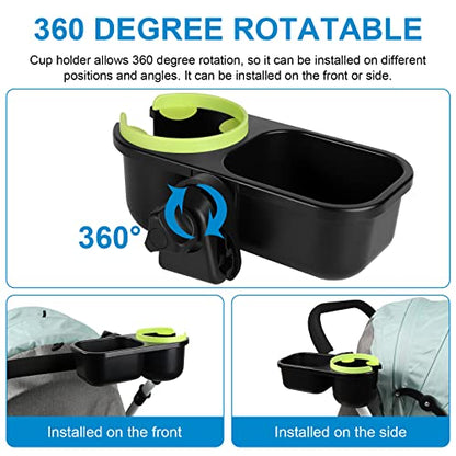 Accmor Stroller Cup Holder with Tray, Universal Cup Holder Tray for Uppababy Nuna Doona Strollers, Bottle Drinks Holder for Stroller, Wheelchair, Walker - style: Tray-2 in-1-Green