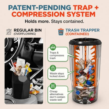 Trash Trapper Car Trash Can Cup Holder | Max Car Trash Can | Fits in Most Cupholders | 5.6" x 3.5" | Traps More & Empties Less, Patent-Pending Compaction, Holds Many Weeks Small Garbage, Black/Grey - color: Black/Grey, size: Max