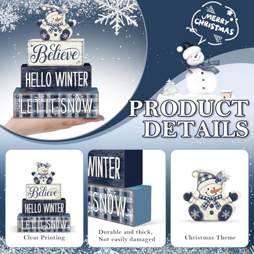 Britimes 4 Pcs Christmas Snowman Table Decor Winter Tiered Tray Decorations Set Believe Hello Winter Let It Snow Stack Block Signs Gift Rustic Farmhouse Tabletop Decor for Table & Home Office - style: Christmas Snowman