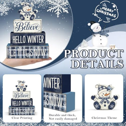 Britimes 4 Pcs Christmas Snowman Table Decor Winter Tiered Tray Decorations Set Believe Hello Winter Let It Snow Stack Block Signs Gift Rustic Farmhouse Tabletop Decor for Table & Home Office - style: Christmas Snowman