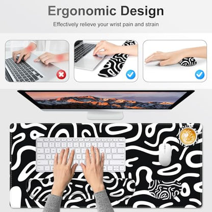 Large Gaming Mouse Pad Set, 4 in 1 Extended Keyboard Desk Mat with Wrist Rest, Computer Game Mousepad, Non-Slip Desk Pad Easy Typing Pain Relief for Home Office I Black White Topographic - color: Black White Topographic