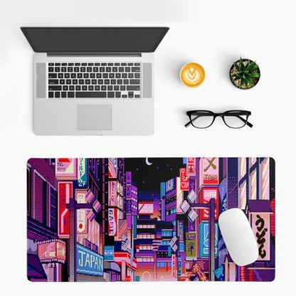 Dark Purple Japanese Gaming Mouse Pad Abstract Anime Mat 27.6x11.8 Inch Tokyo Pixel Street Texture Non-Slip Rubber Base Kawaii Mousepad Stitched Edges Keyboard Desk Pad for Office and Home Game - color: Japanese Street