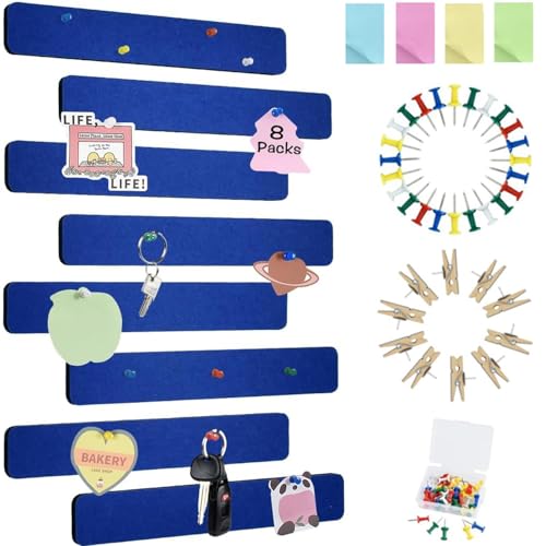 Vuzvuv 8 pcs Bulletin Board Bar Strips with 50 Pushpins & 10 Wooden Clip pins，Self Adhesive Cork Board for Wall，Felt Pin Board for School，Office Decor(Dark Blue) - color: Dark Blue