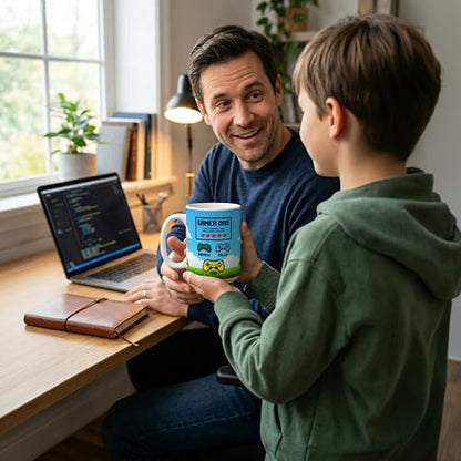 Personalized Gamer Dad Mug - Custom Retro Arcade Video Game Coffee Cup with Kids Names - Unique Gifts for Gamer Dad, Gifts for Father's Day, Player 1 Birthday Present, 11 Oz & 15 Oz, 9 Colors - color: Gamer Dad Mug