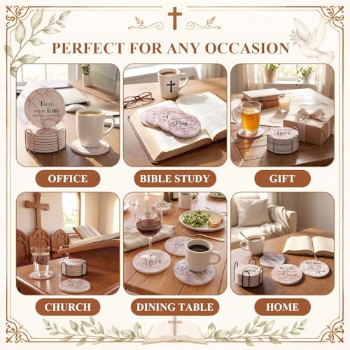 Domensi 8 Pcs Christian Coaster Set Ceramic Coaster with Bible Verse Religious Absorbent Coasters Marble Style Drink Cup Mat for Church Christian Decoration Table Protection - style: Marble