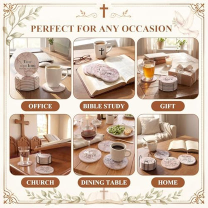 Domensi 8 Pcs Christian Coaster Set Ceramic Coaster with Bible Verse Religious Absorbent Coasters Marble Style Drink Cup Mat for Church Christian Decoration Table Protection - style: Marble