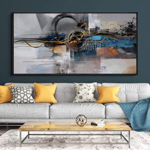 XLSJERST Large Abstract Frame Wall Art - Black and Blue Cnavas Framed Artwork for Walls Modern Minimalist Boho Gray Pictures Wall Decor for Living Room Bedroom Office Home Decoration 58x29 Inches - color: Gold and black grey, size: 29x58 inches