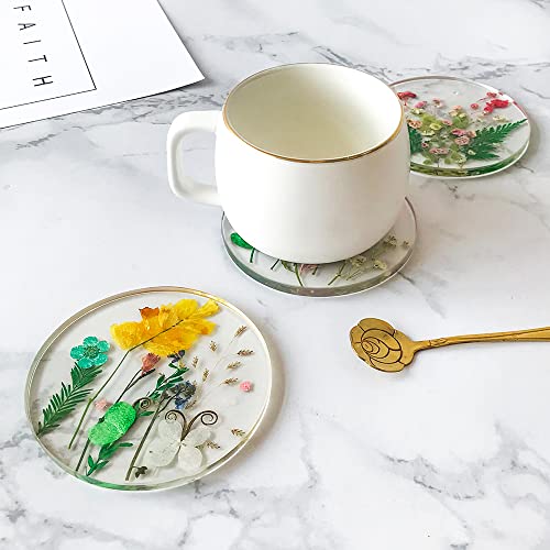 Floral Coasters for Drinks: Handmade Resin Coasters Tabletop Protection Cup Mat Round Coaster Set with Real Flower for Women Coffee Table Home Decor （Set of 6）