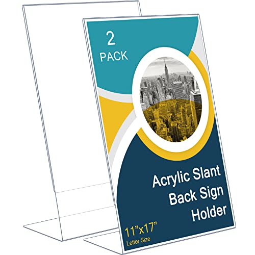 Sanwuta 2 Pack Acrylic Sign Holder,Slant Sign Display Stand,Transparent Flyer Holder Frame Plastic Document Display for Workers Teachers Office Home Menu Desktop(11 x 17 Inch) - size: 11 x 17 Inch