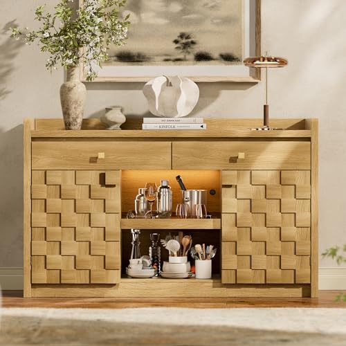 STO'SENSE 55" Sideboard Buffet Cabinet with Charging Station & LED Light, Coffee Bar Cabinet with Drawers, Pull-Out Shelf & Door Rack, Modern Storage Cabinet for Kitchen, Dining Room