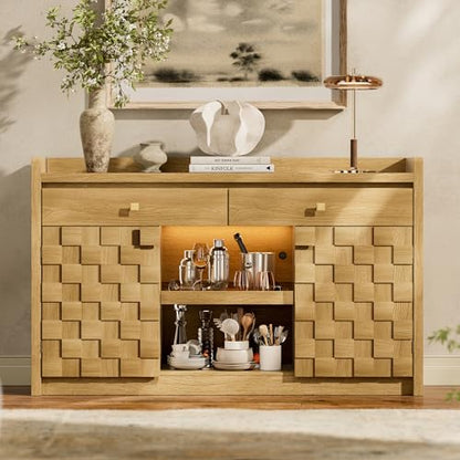 STO'SENSE 55" Sideboard Buffet Cabinet with Charging Station & LED Light, Coffee Bar Cabinet with Drawers, Pull-Out Shelf & Door Rack, Modern Storage Cabinet for Kitchen, Dining Room