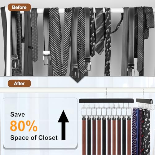 TOPIA HANGER 20 Hooks 2 in 1 Belt Tie Hanger for Closet Max 30 Belts with 30 Ties Capacity, Belt Tie Racks Wooden Hanger for Closet Organizer Storage “U” Fit for Belt and “一” Fit for Tie - CT47B - color: Black