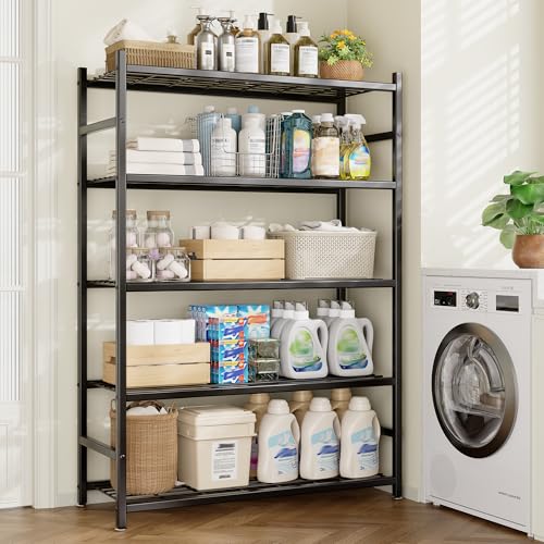 36.4" W Storage Shelves, 5-Tier Metal Shelving Unit with Leveling Feet, Shelf Organizer for Garage, Kitchen, Pantry and Closet Organization, 36.4" x 11.8" x 68.3", Black
