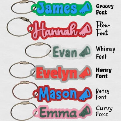 SuperFineDeesigns Bag and Water Bottle Name Tag with Cable – Custom Durable 3D Printed Name Tag Backpack & Sports Bottles - style: Cheerleading Megaphone