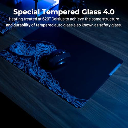 XVX Black Kanagawa Glass Mousepad 4.0, Hard Mouse Pad for Gaming, Ultra-Smooth Micro-Etched Surface Mouse Mat with Non-Slip Rubber Base(410mm*310mm) - color: Black(Kanagawa)