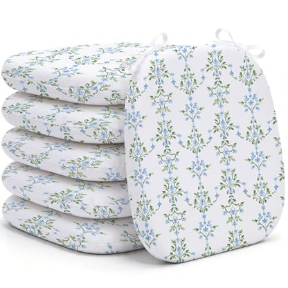 6 Pack Grandmillenial Chair Cushions for Dining Chairs 17" x 16" x 2" D-Shaped Breathable Blue and White Floral Linen Kitchen Chair Pads with Ties Washable Non Slip Seat Cushion - style: Floral