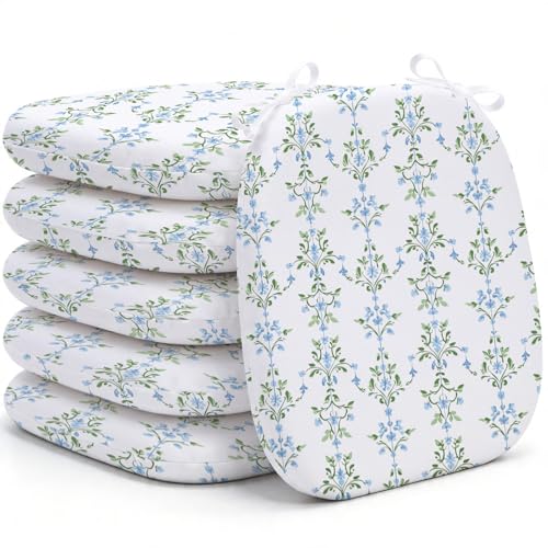 6 Pack Grandmillenial Chair Cushions for Dining Chairs 17" x 16" x 2" D-Shaped Breathable Blue and White Floral Linen Kitchen Chair Pads with Ties Washable Non Slip Seat Cushion - style: Floral