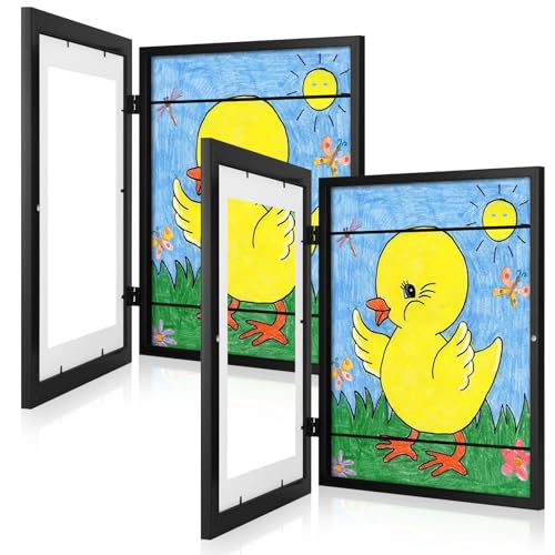 2-Pack Kids Art Frames, 11x14 Front Opening Kids Artwork Frames Changeable, Displays 9x12 With Mat and 11x14 Without Mat, Holds 50 Pcs, for 3D Picture, Crafts, Children Drawing, Hanging Art, Portfolio - color: Black, size: 11x14"