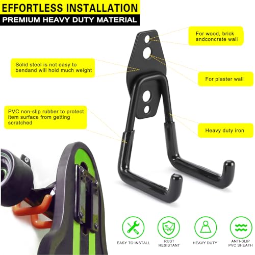 6 Pack Garage Hooks Heavy Duty Storage Organizer Wall Mount Power and Garden Tool Hangers, for Hanging Ladders, Ropes, Hose, Bulk Items - color: Black 6 pack