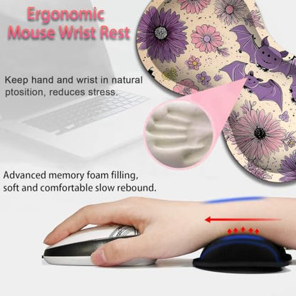 Large Gaming Mouse Pad + Wrist Rest+ Coaster Combo, 31.5 "x 11.8" Durable Non-Slip Extension Table Mat, Suitable for Office and Home, Halloween Bat Flower - color: Halloween Bat Flower
