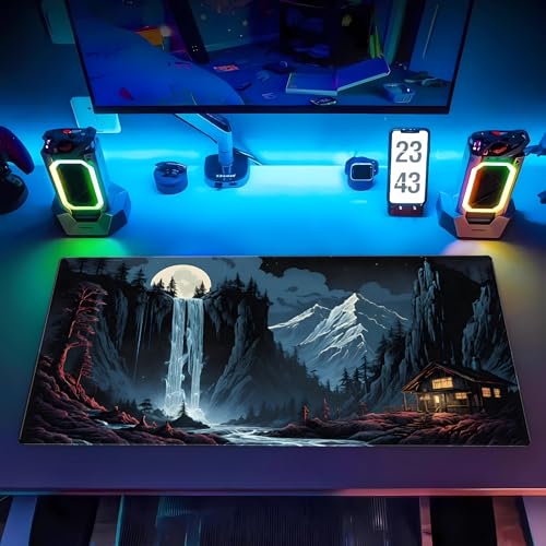 Full Moon Anime Desk Mat, Waterfall Mountain Extended Gaming Mouse Pad XL | Scenic large desk mat featuring a magical full moon, glowing waterfall, and snowy peaks. Perfect for cozy setups. - color: Full Moon