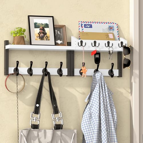 29'' White Coat Rack Wall Mount with Shelf, Solid Wood Coat and Key Hanger with 11 Metal Hooks, Farmhouse Wall Organizer for Mail, Entryway Wall Hangers for Hats, Clothes, Backpacks, Mudroom - color: White, size: 29Inch