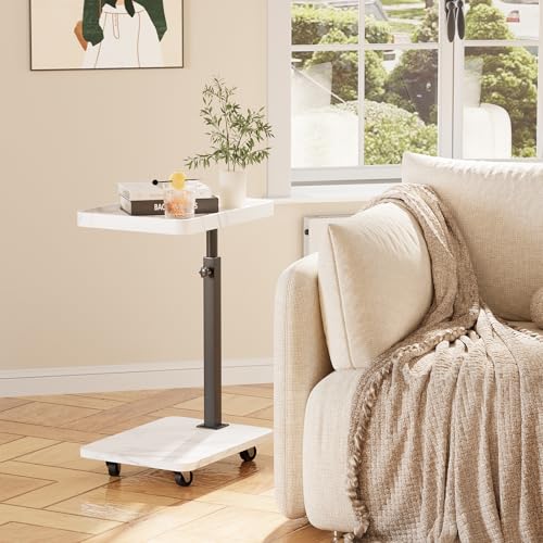 Adjustable Tv Trays for Eating on Couch That Slide Under,360° Swivel C Shaped End Sofa Side Snack Table with Wheels for Living Room and Bedroom, Bed,Chair, (White Marble+Black) - color: White Marble+black