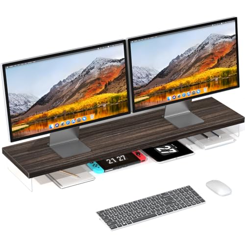Dual Monitor Stand Riser, 40" Large Computer Monitor Stands for 2 Monitors, Wooden Desktop Organizer Shelf for Office Desk Computer, Laptop, TV, Monitor, Printer - color: Smoke Teak, size: 40*10 Inch
