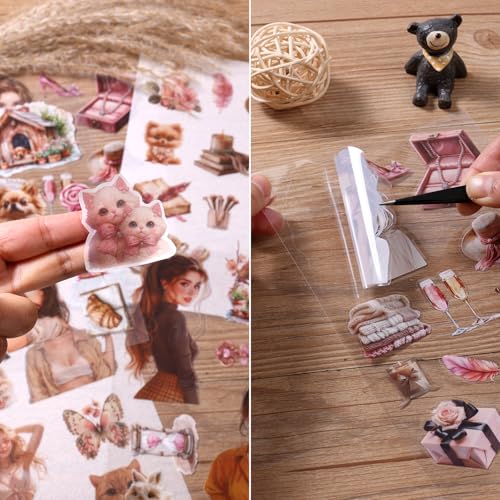 Scrapbooking Stickers 20 Sheets Pre-Cut 200 washi Stickers PET People Sticker Books for journaling Scrapbook Supplies Transparent Journal Sticker - color: Red