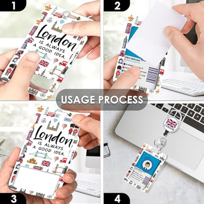Lanyards for ID Badge, London ID Badge Holder with Retractable Reel Clip and Keychain, Vertical Heavy Duty Identity Card Cover Case Protector, Lanyard with Id Holder for Teacher Nurse - color: London-white