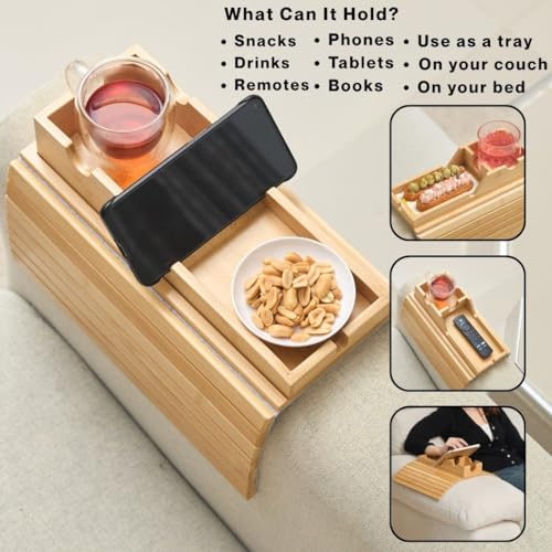 Couch Cup Holder Tray - Portable Sofa Arm Tray Table - Anti-Spill Armchair Caddy Couch Arm Table Snack Organizer with Removable Tray - Remote Control Holder Perfect for Cups, Snacks, Phone
