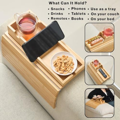 Couch Cup Holder Tray - Portable Sofa Arm Tray Table - Anti-Spill Armchair Caddy Couch Arm Table Snack Organizer with Removable Tray - Remote Control Holder Perfect for Cups, Snacks, Phone