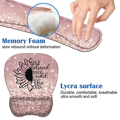 Mouse Pad Wrist Support and Keyboard Wrist Rest Set with Coasters, She Believed She Could So She Did Inspirational Quote with Non-Slip PU Base Ergonomic Mousepad for Home Office Working Studying - color: She Believed She Could So She Did Inspirational Quo