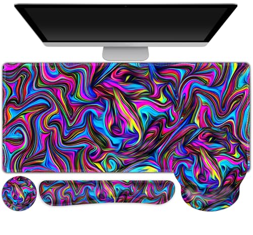 Gaming Mouse Pad, Large Desk Mat, Cute Desk Pad Protector, 4in1 XXL Mousepad + Keyboard Wrist Rest+Mouse Wrist Rest+Coaster Set with Ergonomic Desk Pad for Home Office Computer, Dazzling Bright Color - color: Dazzling Bright Color