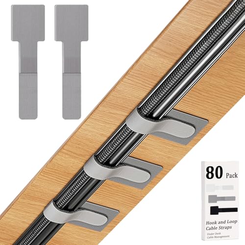 80PCS Hook and Loop Cable Straps, Cable Management Under Desk, Adhesive Cable Ties, Reusable Wire Organizers for Cords, Cords Management, Computer Accessories for Desk, Home Office Essentials, Gray - color: Gray