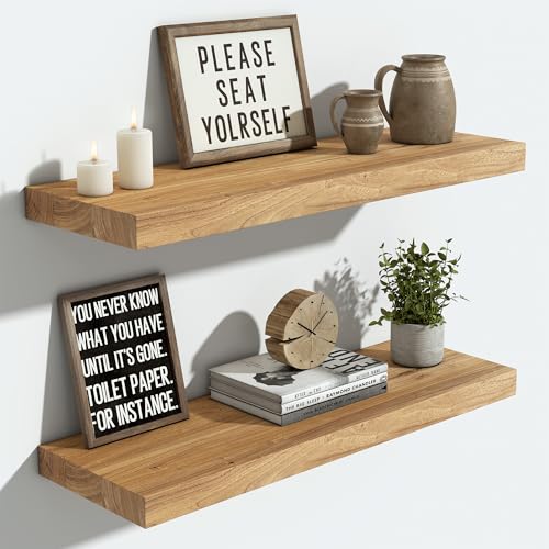Flat Edge Elm Wood Floating Shelf with Invisible Bracket 24”Natural - color: Natural, size: 24”,set of 2