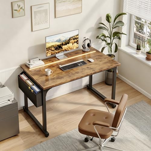 DurayLoly 40" Computer Desk with Waterproof LED Lights,Bedroom Study Desk for Teens,Dorm Room Essentials,Headphone Hook&Storage Bag for Small Spaces,Sturdy Metal Frame,Rustic Brown - color: Brown, size: 40 Inch