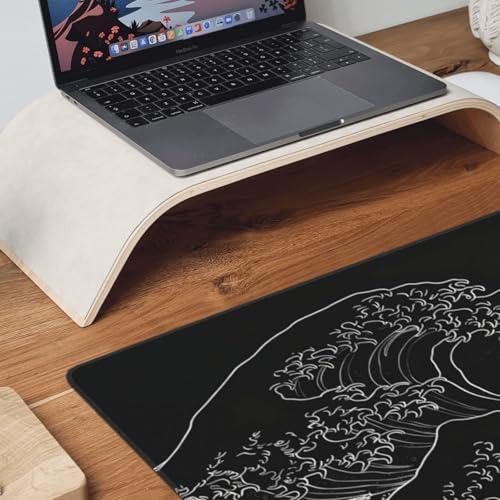 Japanese Gaming Mouse Pad XXL Black Mouse Pad Kanagawa Large Mousepad Non-Slip Rubber Base Waterproof with Stitched Edges for Gaming Office Home, 35.4x15.7x0.12 Inch (Black Wave) - color: Kanagawa Wave, size: 35.4Lx15.7W inches