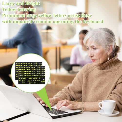 2PCS English Keyboard Stickers, Large Print Laptop Keyboard Stickers with Tweezers & Cloth, Replacement Big Bright Yellow Lettering for Sight Impaired, Alphabet Letter Sticker for Laptop PC Computer