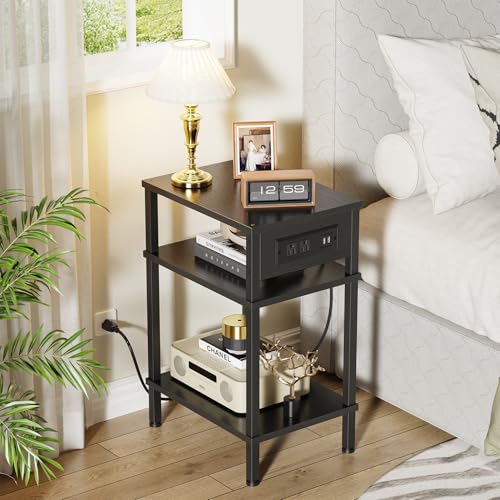 Creso hom Side Table with Charging Station, Tall End Tables Living Room, 21.7 Inch Skinny Night Stand with Storage, Small Bedside Tables for Bedroom, Office, Dorm, Hallway, Black - color: Black, size: 14.96"D x 11"W x 21.7"H