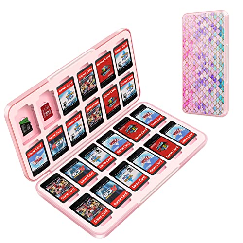 OLDZHU Cute Switch Case Holder Compatible with Nintendo Switch&Switch OLED, Pink Storage for 24 Game Cartridges and 24 Micro SD Cards - color: Fish scales