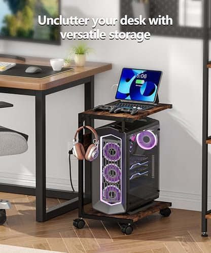 Akxomel 2 Tier Computer Tower Stand with Charging Station, 11.8" D x 16.5" W Rolling Floor PC Tower Stand Fits Under Desk, CPU Holder Cart for Carpet with Hooks, C Shaped End Table for Home Office - color: Rustic Brown