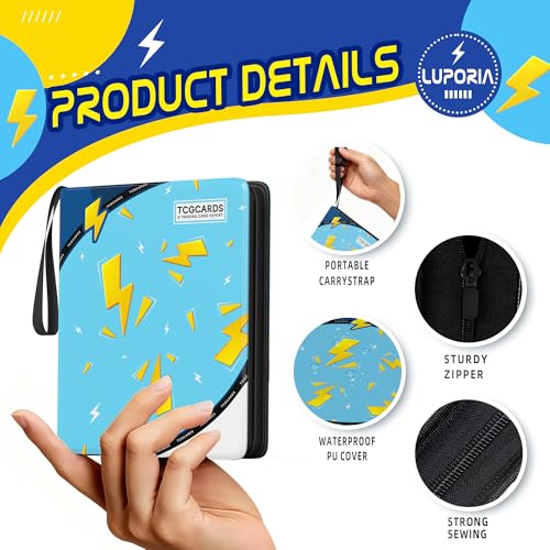 Trading Card Binder 4 Pocket,400 Pocket Card Collection Binder with 50 Removable Sleeves,PU Waterproof Top Card Book,3-Ring Zipper Collectible Trading Card Album for MTG/TCG/Card Holder Gift(Blue) - color: Blue, size: Small