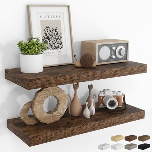 RICHFOCUS 31.5Inch Floating Shelves for Wall 2 Pack Shelves for Bedroom|Kitchen|Bathroom Wall Mounted Rustic Wood Floating Shelf with Invisible Brackets for Books|Storage|Decor, Rustic Brown - color: Rustic Brown, size: 31.5"L x 8"D, Set of 2