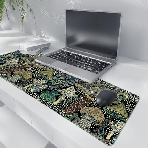 Boho Mushroom Mouse Pad,Dark Green Cottagecore Mushrooms Desk Mat,XL Large Magic Mouse Pads for Dorm Home Office Desktop Decor Art,31.5x11.8 Inch - color: Boho Mushroom XL