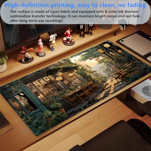 Extended Gaming Mouse Pad XL, Anime Street Desk Pad Mat 31.5x15.7, Non-Slip | Beautiful large desk pad with a cozy anime cafe street scene print. Ideal for healing visual desk setups. - color: Anime Street Scene