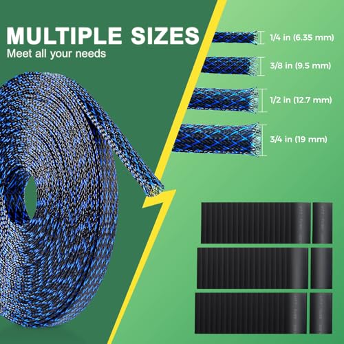 132 ft Expandable Braided Cable Sleeve Wire Loom PET Wire Sleeving，Wrap Management Mesh for Audio Video and Other Home Device Cable Automotive Wire - (1/2 Inch, 1/4 Inch, 3/8 Inch,3/4 Inch,Blue) - color: Blue